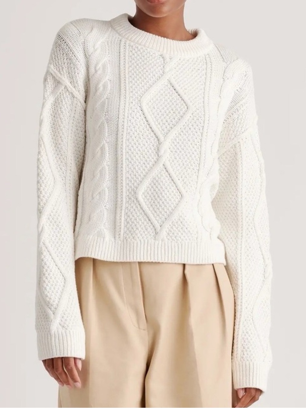 NWT Quince 100% Organic Cotton Cropped Cable Crew Sweater Ivory M Fisherman